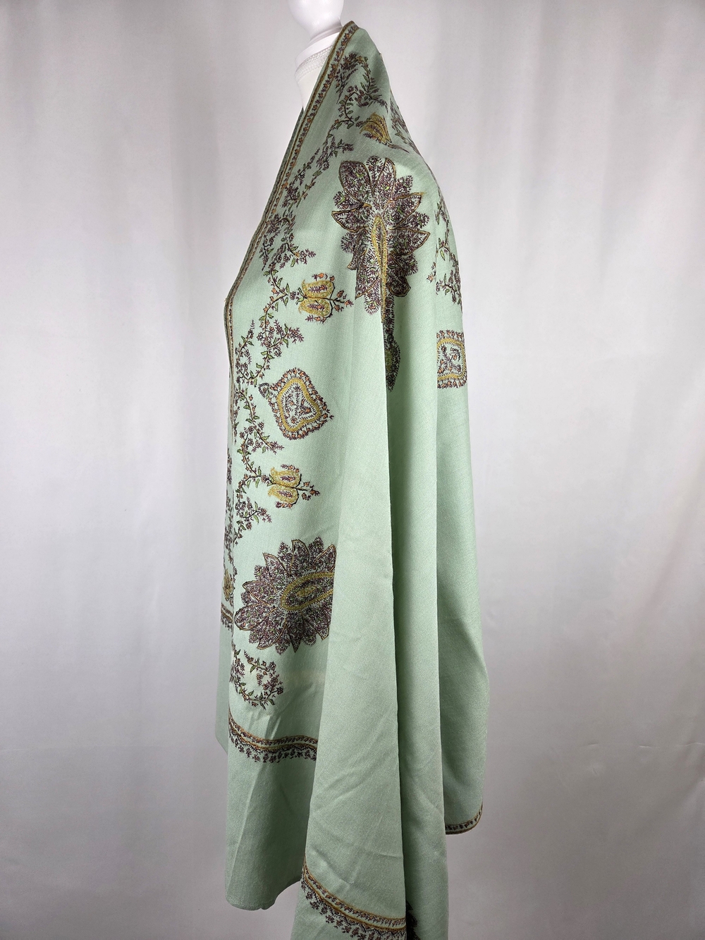 Kashmiri Sozni Hand-Embroidered Pashmina Shawl – Sage Green Floral Wrap - Picture 7 of 11